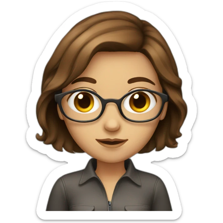 women brown hair with glass, eyes brown and laptop sticker