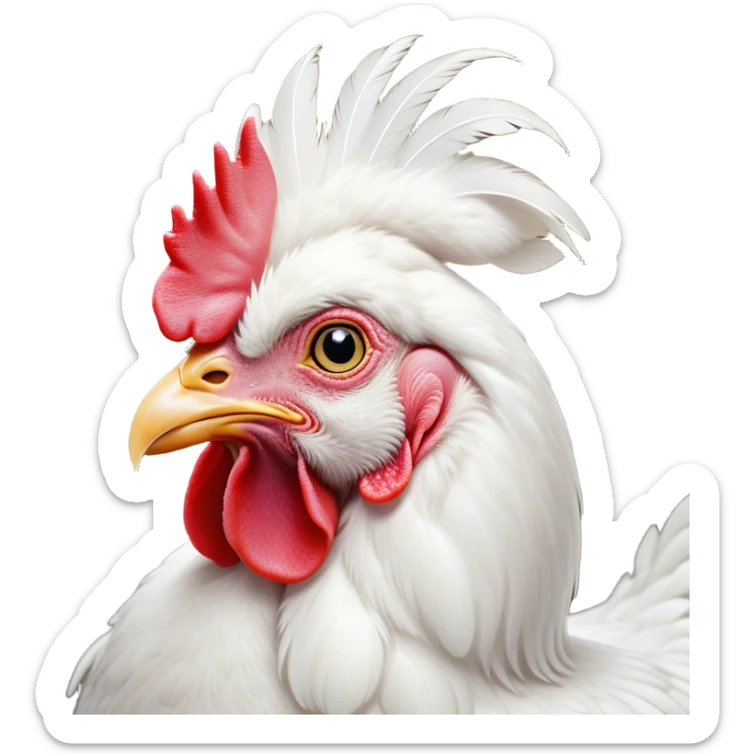 Cinematic Noble White Chicken Portrait Emoji, Poised and regal, with a compact, sturdy build and a pristine, well-groomed pure white plumage, deep-set soulful beady eyes, Simplified yet sharp and sophisticated features, highly detailed, glowing with a soft, dignified glow, high shine, intelligent and alert, stylized with an air of barnyard elegance, focused and attentive, soft glowing outline, capturing the essence of a watchful and confident fowl, so majestic it feels as though it could strut out of the screen with effortless authority! sticker