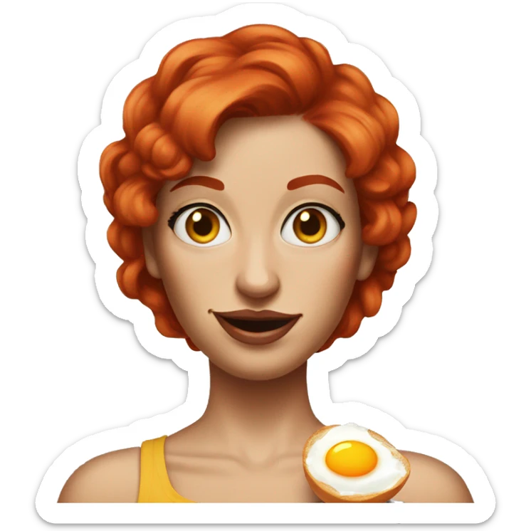 Woman with red hair, blue eyes and arm tattoos holding fried eggs sticker