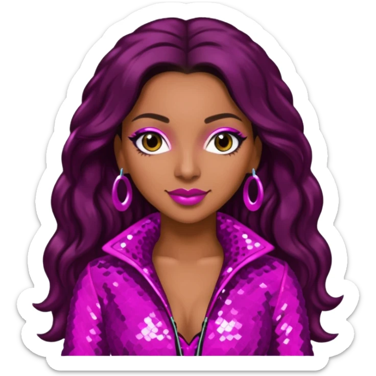 Mya, R&B Singer with dark brown long hair, meganta sequin outfit sticker