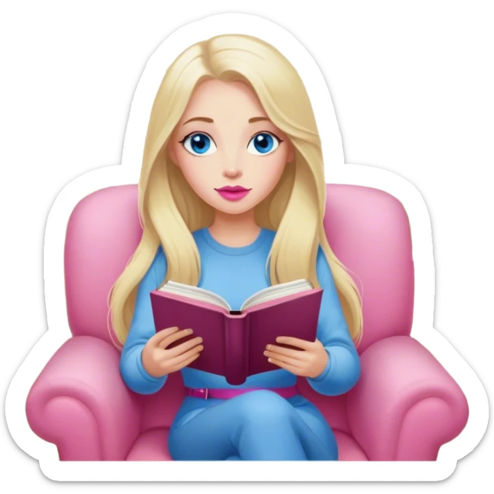 Cinematic realistic blonde with long hair, blue eyes, pink lips, sitting in a cozy armchair, reading a book, coffee is on the table next to her sticker