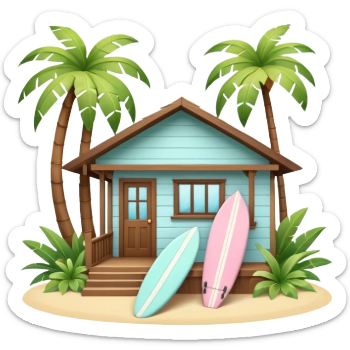 Hawaiian bungalow house, pastel colors, wooden porch, surfboard leaning on wall, palm leaves, tropical vibe, cute mobile game icon style, 3D cartoon, clean background, no text
 sticker