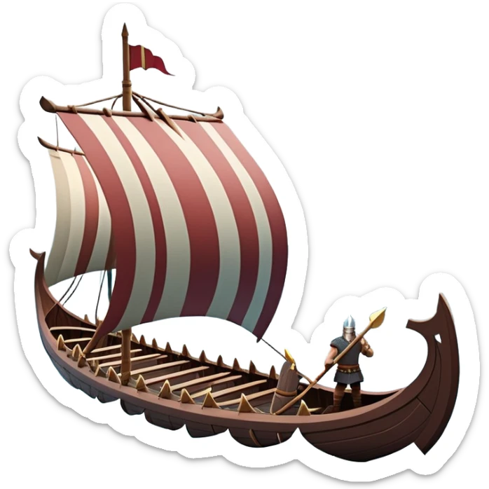 clash-of-clans-aesthetic_-cinematic-viking-longboat, rendered in a flat, bold vector style with minimal shading, featuring a striking dragon-headed prow slicing through icy, churning waters. shields on the side and vikings rowing The longboat’s intricately detailed shields and carved motifs evoke a sense of epic adventure and Nordic might, with billowing sails catching a dramatic, stormy sky backdrop. sticker