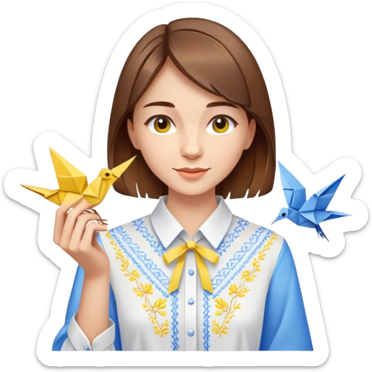 A happy Ukrainian young girl with brown hair in a white embroidered shirt making an origami crane in yellow and blue colors sticker