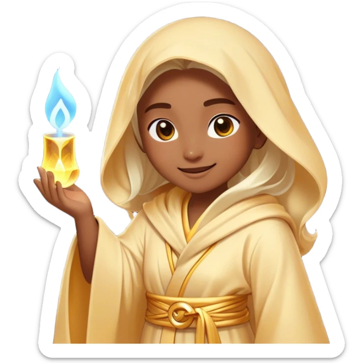 Clash of Clans aesthetic Cheerful Mage Portrait Emoji, With a bright, joyful expression and an aura of radiant magic, showcasing a stylish, robed figure with flowing garments and sparkling eyes in natural skin tone that convey boundless curiosity, Simplified yet expressive features, highly detailed, glowing with a soft, luminous mystical light, high shine, upbeat and wise, stylized with an air of fantastical wizardry, soft glowing outline, capturing the essence of a cheerful mage ready to cast spells of wonder on legendary quests! sticker