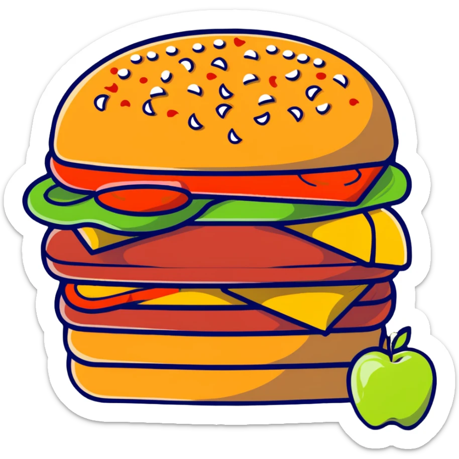 A burger with pizza toppings, french fries sticking out the sides, and apple slices as garnish sticker
