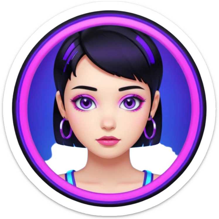 Emoji estilo anime cyberpunk: garota com cabelo curto preto, olhos roxos expressivos, expressão confiante, argolas grandes, pele iluminada por neon azul e rosa, visual moderno e vibrante, cores fortes e estilo futurista simplificado. sticker