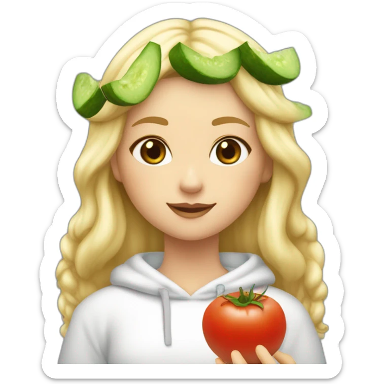 blonde girl  eating  cucumber and tomatoes with white hoodie iridescent and a crown princess sticker