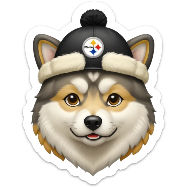 Face of young Malamute with cream and black face wearing Pittsburgh Steelers hat sticker