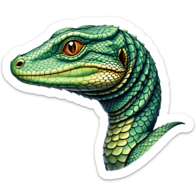 Cinematic Noble Monitor Lizard Portrait Emoji, Poised and regal, with a robust, scaled body exhibiting striking, mottled patterns and piercing, alert eyes, Simplified yet sharp and sophisticated features, highly detailed, glowing with a soft, earthy glow, high shine, intelligent and formidable, stylized with an air of ancient wilderness, focused and commanding, soft glowing outline, capturing the essence of a watchful and confident reptilian guardian that appears ready to stride out of the screen with effortless authority! sticker