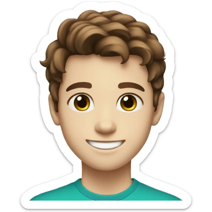 Brown hair, teen boy, blue greenish eyes white skin smiling sticker