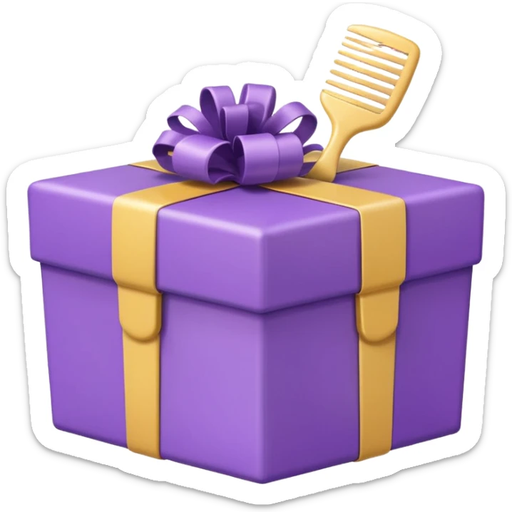 Kawaii emoji illustration of a purple gift box with a comb inside, chubby proportions, glossy finish, pastel colors, soft shading, adorable style, simple and clean design, transparent background sticker