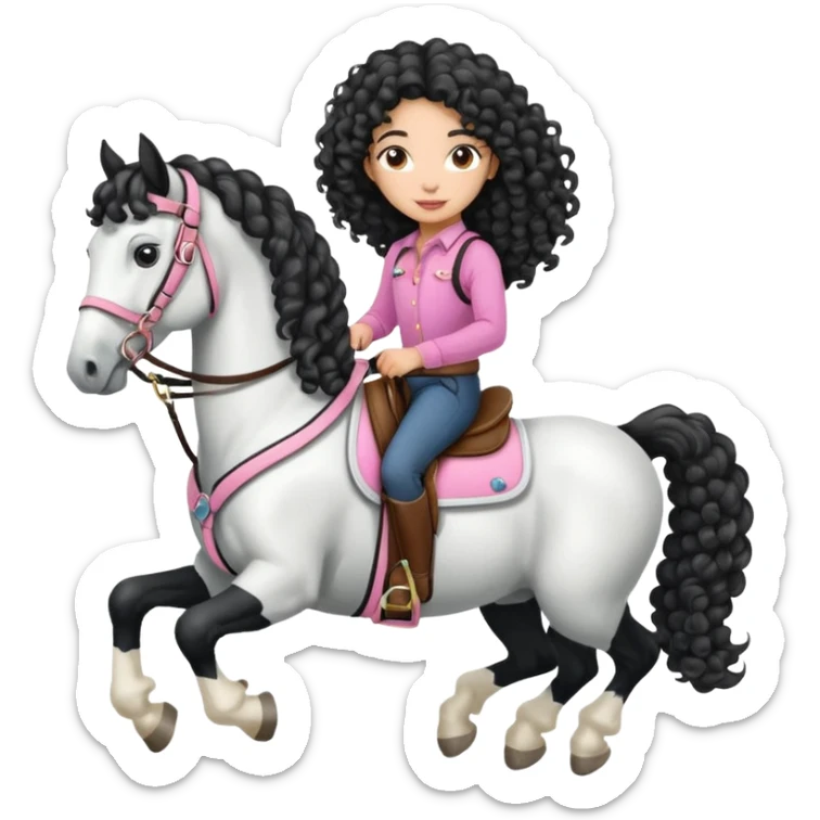 Realistic mixed race girl with long curly hair, riding a big black and white draft horse, wearing pink harness and saddle  sticker