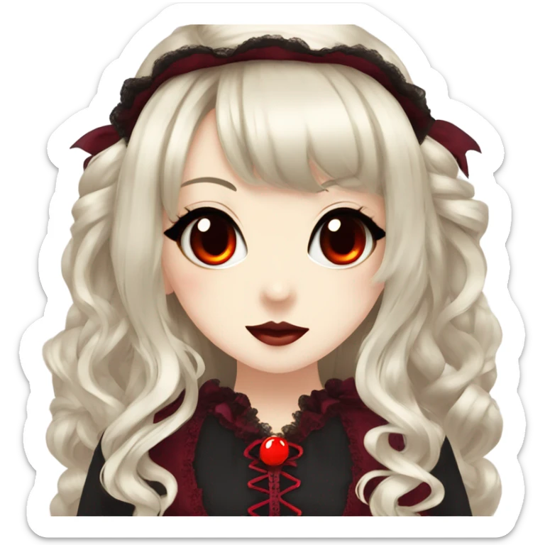 hime gyaru girl, victorian dress, black hair, red eyes, vampire fangs sticker
