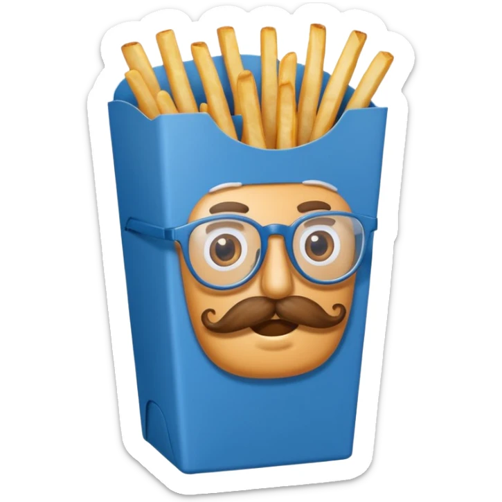 long slim crispy fries in a blue carton, carton has eyes and mustache and glassess sticker
