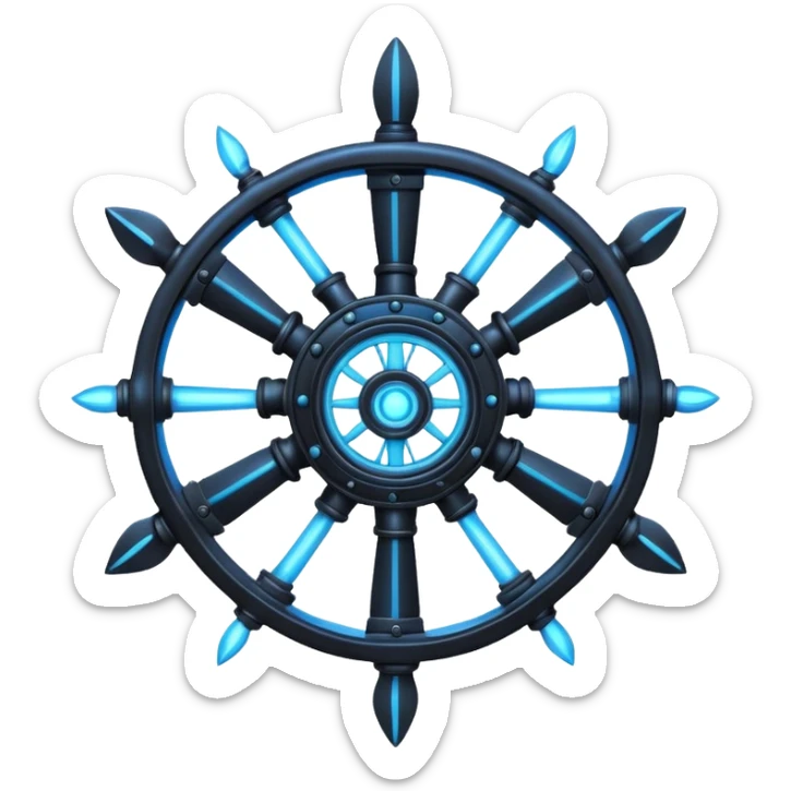 A Discord emoji of a black iron mechanical propeller or anchor with glowing blue energy lines. Steampunk-gothic fusion, high visibility, white background. sticker