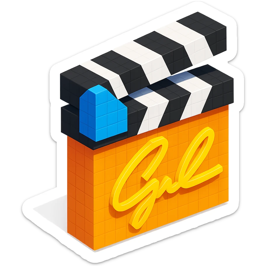 voxel style movie clapperboard with a gold director's signature, isometric view sticker