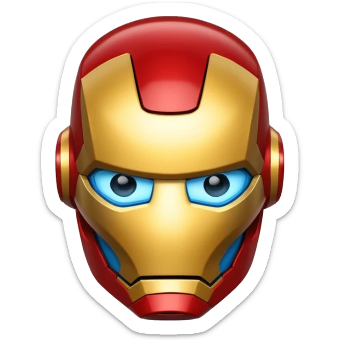 Iron Man helmet emoji, shiny red and gold metallic finish, glowing blue eyes, sleek and futuristic, expressive but simplified, clean lines, bold color palette, popular emoji style sticker
