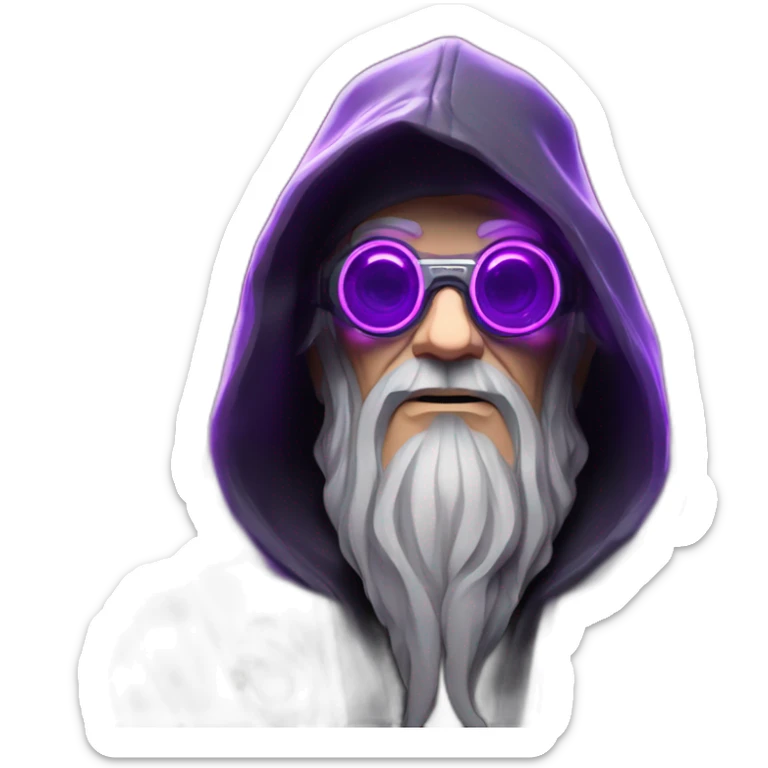 Gandalf wearing a black hoodie with "OMG" letters on it and VR headset in a cyberpunk VR environment with violet neon lighting. sticker