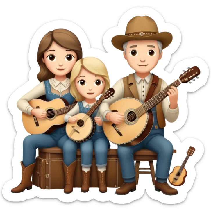 Icon for Country Music: The Carter Family, featuring a vintage scene with an acoustic guitar, banjo, and autoharp. Classic country aesthetics with warm, rustic tones, symbolizing their influence on folk and country music. Transparent background. sticker