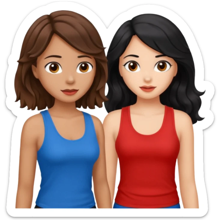 generate a pretty tan bratz girl with brown wavy hair long wearing a red tank top talking to a girl with black hair sticker