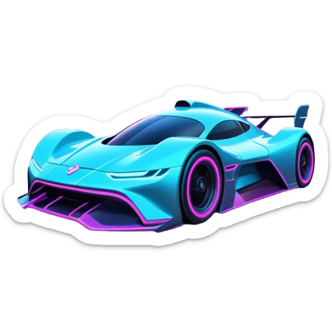A futuristic racing car with glowing neon lights, sleek aerodynamic design, and a cyberpunk cityscape in the background. The car is speeding through a neon-lit street with high-tech buildings and holograms." sticker
