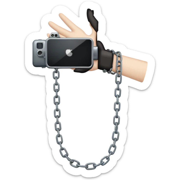 Minimalist emoji-style sticker of a human hand bound by a chain leading to a video camera. Icon-like, clean silhouette, muted tones. sticker
