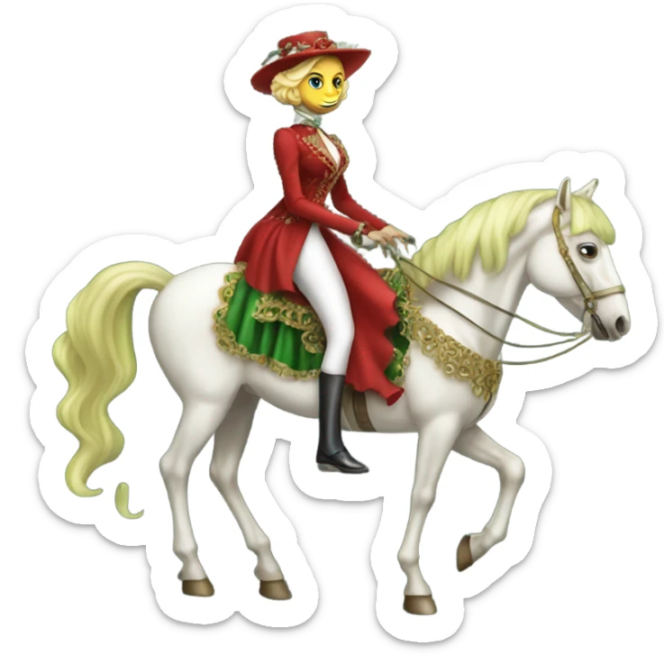 "galora green blonde alien woman" in red Victorian elegant dress, full body, rides "horse gold and white"
 sticker