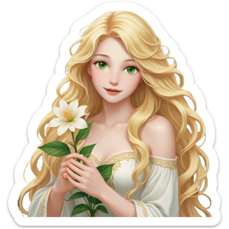 Cinematic Realistic Rapunzel Portrait, with porcelain-like skin featuring a subtle, natural glow, illuminated by soft lighting that brings out the gentle contours of her face. Her long, golden blonde hair cascades in detailed waves, each strand highlighted with a radiant shimmer as it catches the light. She playfully holds a flower in one hand, her other hand resting casually in her lap, with a warm and spirited expression. Her bright, expressive green eyes exude curiosity and warmth, framed by delicate lashes and soft, arched brows. She is dressed in her classic lavender and pink gown, the fabric textured with delicate folds that flow naturally, catching the light with a soft, radiant glow. The portrait captures a luminous, enchanting aura, seamlessly blending realism with a whimsical, fairytale charm, evoking a timeless sense of beauty and magic. sticker