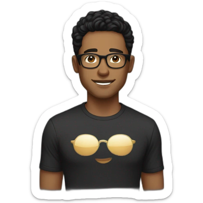 Light Brown guy, black wavy hair, no facial hair, transparent round glasses, black t shirt sticker