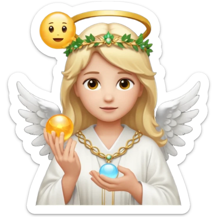 Emoji-style angel: blonde hair, laurel crown, halo, white wings, white robe, glowing orb, soft cute emoji look. sticker