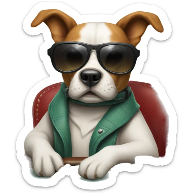 Dog playing poker at poker table, wearing shades, holding 2 cards sticker