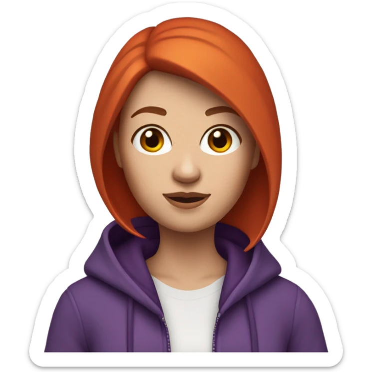memoji of a woman with a laptop in front, 
apple-style,
modern,
red hair,
purple zip-hoodie,
computer in hand, 
white skin, 
an avatar image gonna be round  sticker