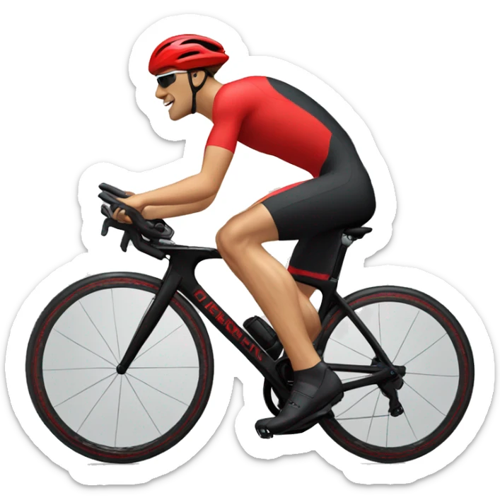 27 year old male with light brown hair riding a red triathlon bike. He is wearing a black helmet, black triathlon suit with red accents and black shoes sticker