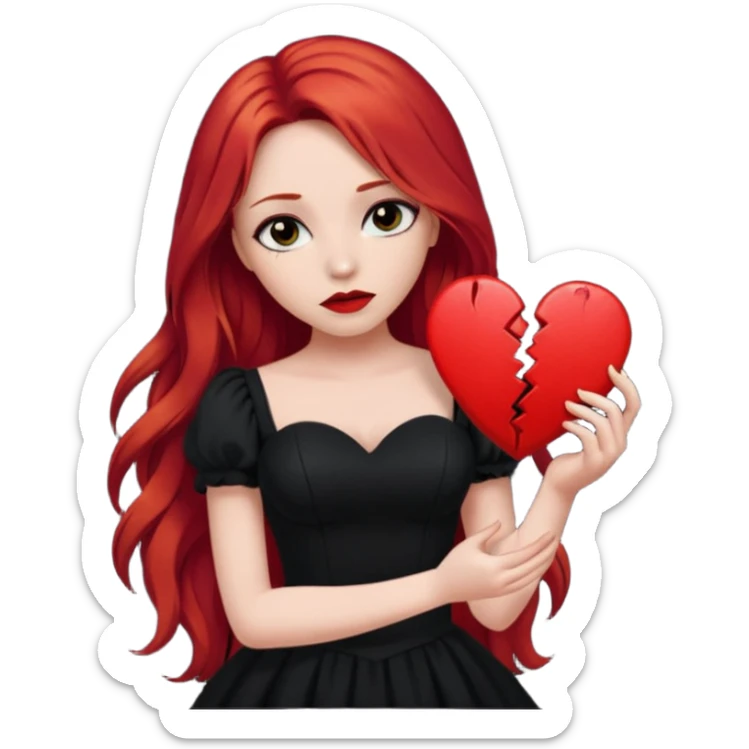  woman with long red hair and dark make up holding a broken heart in black dress sticker