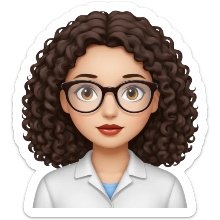 A dark brown curly-wavy hair girl with white glasses and clean girl makeup  sticker