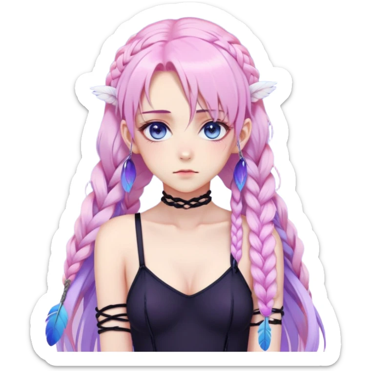 Gorgeous beautiful pretty grumpy anime lady long-pale-whitish-pastel-pink-hair with one braid on each side, hanging gradient-purple-pink feather-ear-cuffs on each side in hair, black bodysuit, blue eyes, pink iris, ethereal, fashion aesthetic  sticker