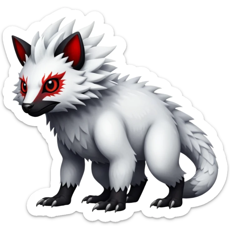 a white exotic edgy vernid-fionbr-Fakémon-creature, with black belly and red eyes, full body sticker
