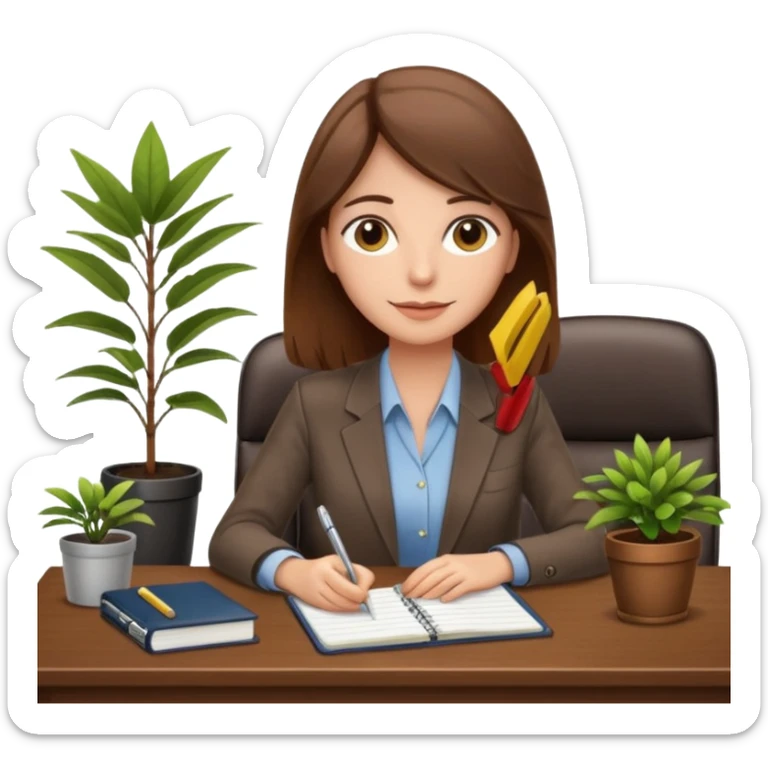 imagen de una mujer castaña en una oficina con escritorio, silla, notebook, agenda y una planta con un cartel que diga en español FUERA DE OFICINA sticker