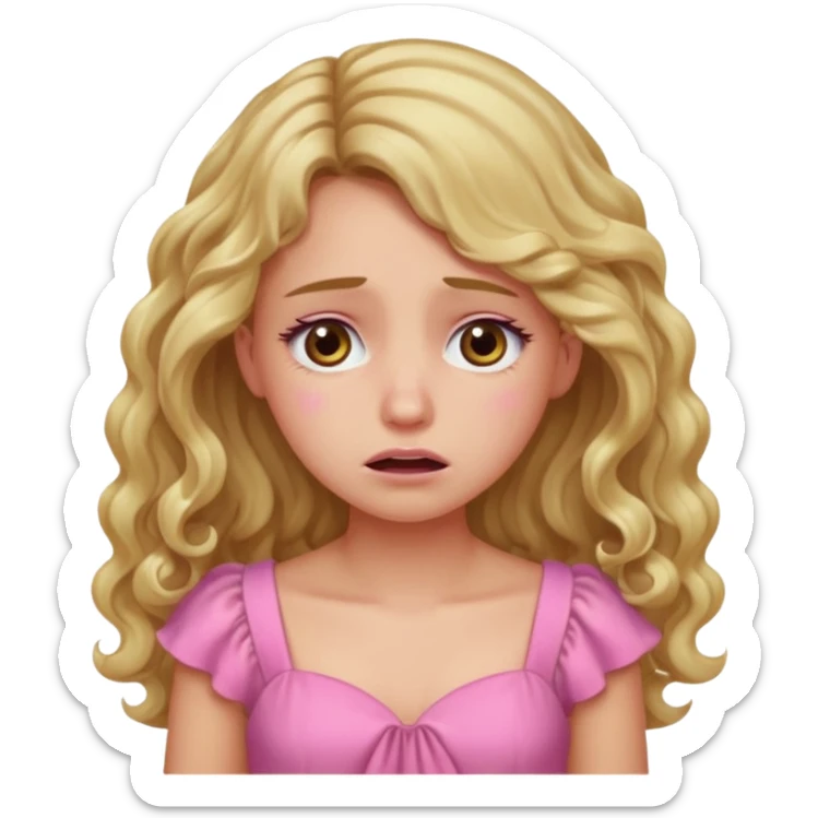 the girl is that criying she has brown eyes and blond long hair curly pink dress  sticker