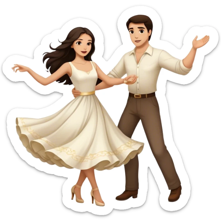 Beautiful woman in 1950’s woman fashion look, white dress, long dark brown hair, balboa couple dance  sticker