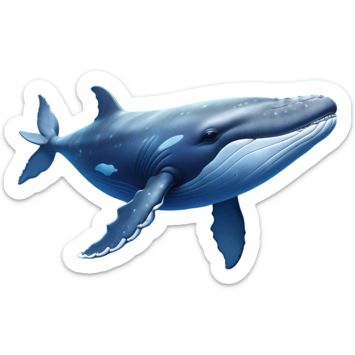 Cinematic Noble Humpback Whale Portrait Emoji, Poised and grand, with an enormous, barnacle-speckled blue-gray body, soulful, wise eyes, and a deeply serene presence, Simplified yet sharp and sophisticated features, highly detailed, glowing with a soft oceanic radiance, high shine, intelligent and powerful, stylized with an air of deep-sea mystery, focused and regal, soft glowing outline, capturing the essence of a legendary giant of the ocean that appears ready to glide majestically through the waves with effortless grace! sticker