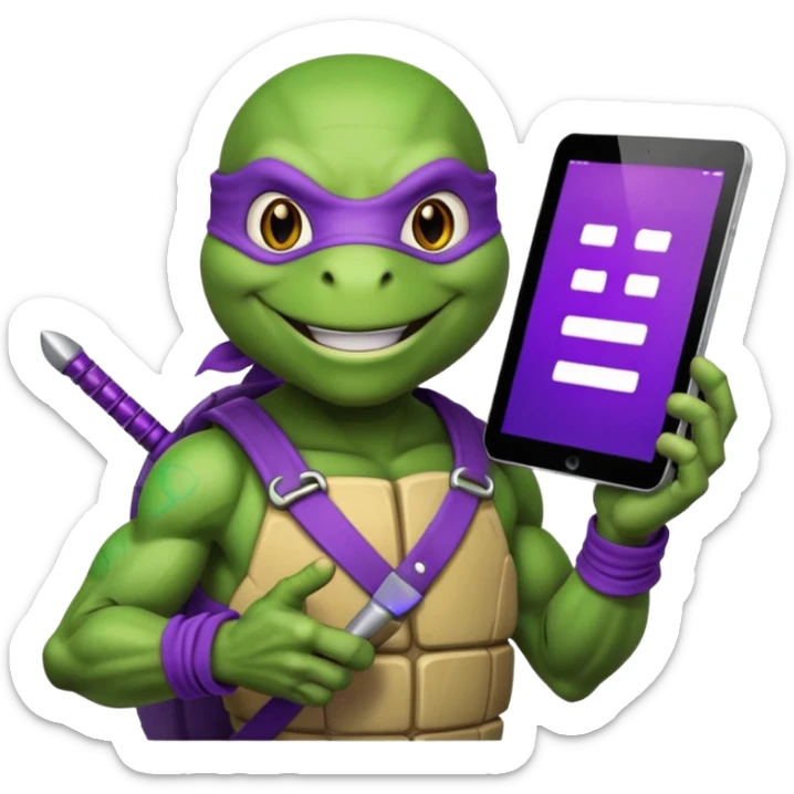 Donatello from Teenage Mutant Ninja Turtles, emoji style, holding a tablet with a hacking screen and smiling, with a purple hacking interface sticker