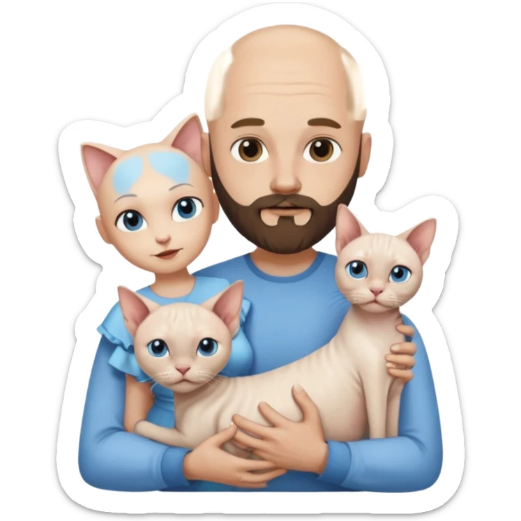 A couple, a man and a woman. The man, who is bald with a beard and wearing a blue shirt, is holding a Siamese cat in his arms. The woman, who has light hair and is wearing a white dress, is holding a white Sphynx cat in her arms sticker