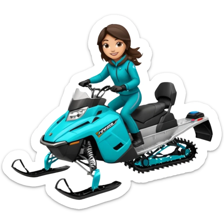 Can you create an emoji of a brunette girl on a teal polaris khaos 850 155 snowmobile action shot sticker