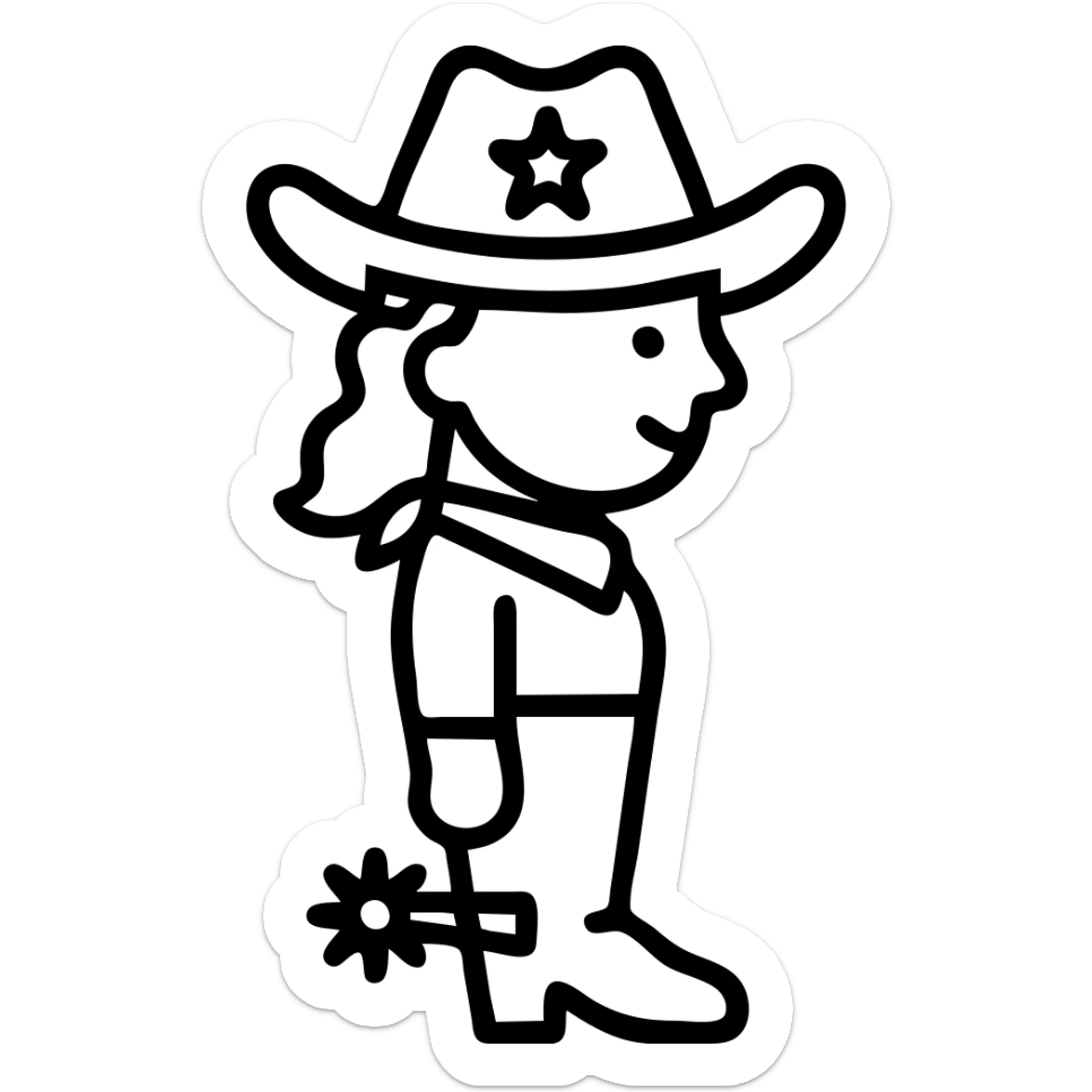 Add spurs to the cowgirl, outlined icon style, clear silhouette, no background sticker