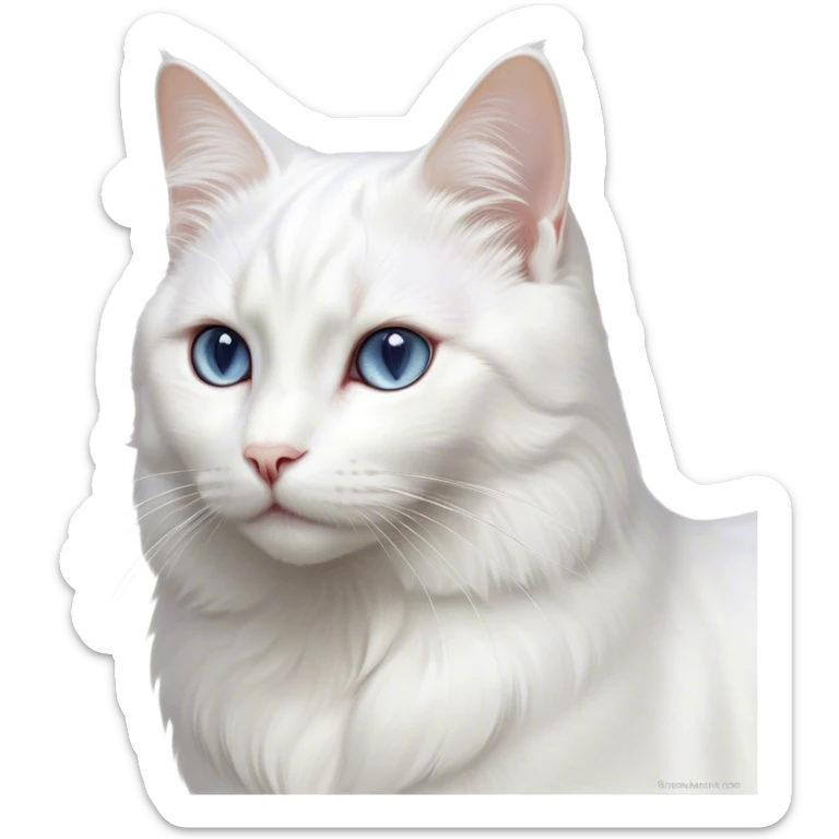Cinematic Noble White Cat Portrait Emoji, Poised and stately, with a pristine, snow-white fur accented by delicate hints of silver, refined whiskers and a serene, focused gaze, simplified yet impeccably detailed, glowing with an ethereal radiance and timeless elegance, high shine, exuding calm intelligence and regal simplicity, soft glowing outline, capturing the essence of a noble white cat that radiates quiet majesty! sticker
