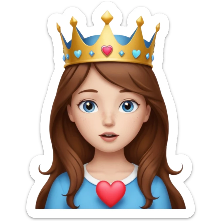 a girl with brown hair, blue eyes and freckles, who wears a crown and is blowing a heart kiss  sticker