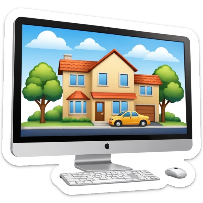 A pc monitor with houses that is for sold or rent in a site sticker
