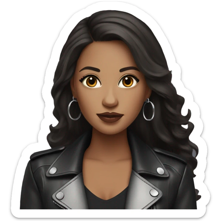 Glamour brunette in leather jacket long dark hair and silver hoop earrings sticker